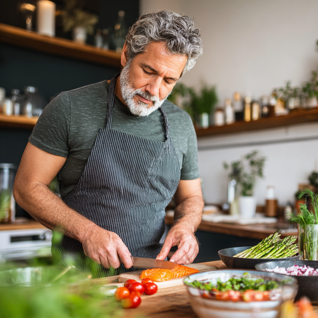 Mature man cooking healthy meal following personalized nutrition plan