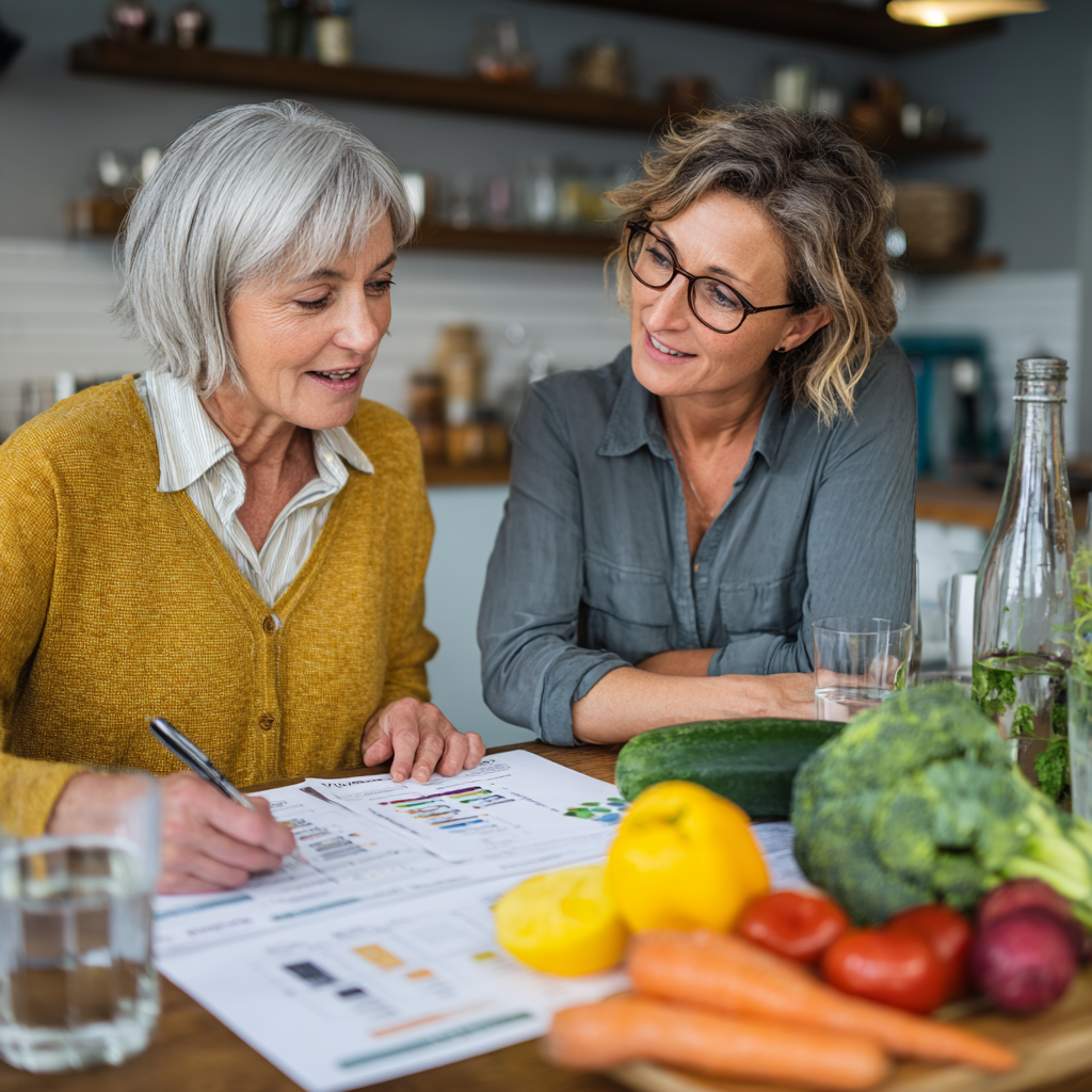 Middle-aged woman reviewing healthy meal planning charts with nutritionist